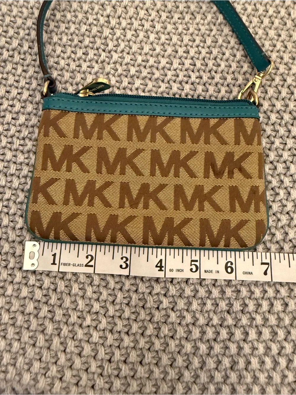 Michael Kors Brown Logo Wristlet with Teal Trim